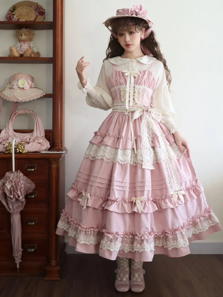 Ruffle Blossom Lolita Dress Outfit Pink Straps Cherry Adjustable Festival Jumper Style Sakura Skirt House