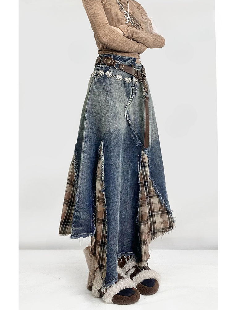 Jupe patchwork en denim et à carreaux avec ourlet asymétrique