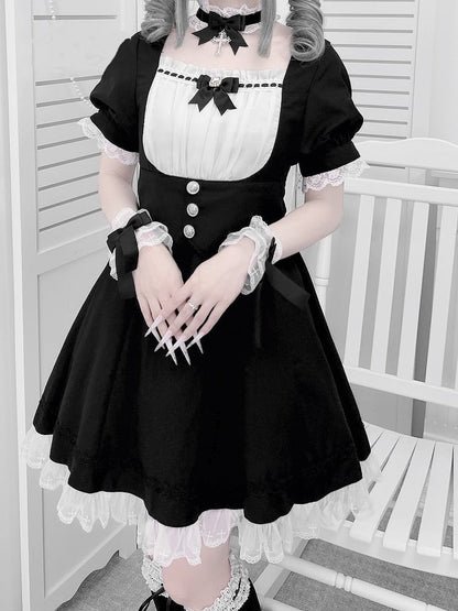 Puff Design White Sleeves Full Jirai Trim Black Corset Kei Dress Lace Belt Set- and