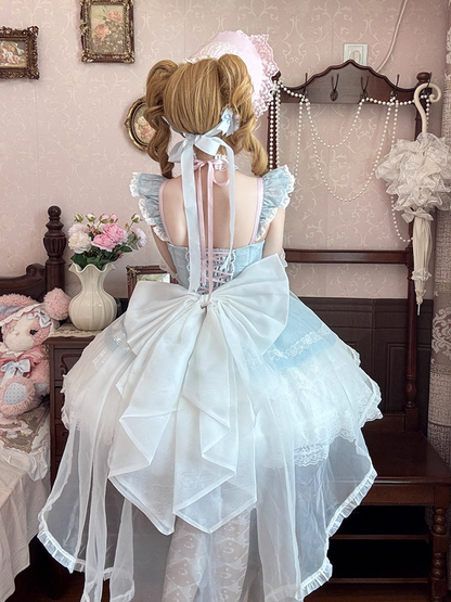 Leichter Stufenrock Blau Balletcore Sweet Lolita Pullover Flatterärmel Dreilagig