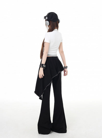 Waist Lace Belt Flared Pants Black Asymmetrical Hem Lace-up Faux Two-Piece Detail with