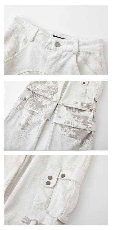 Punk White Streetwear Wide Leg Cargo Jeans