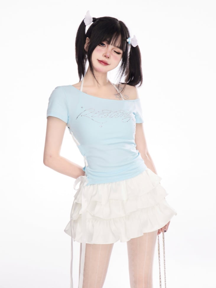 Mint Blue Asymmetrical Neckline Lace-up Rhinestone Letter T-Shirt Side