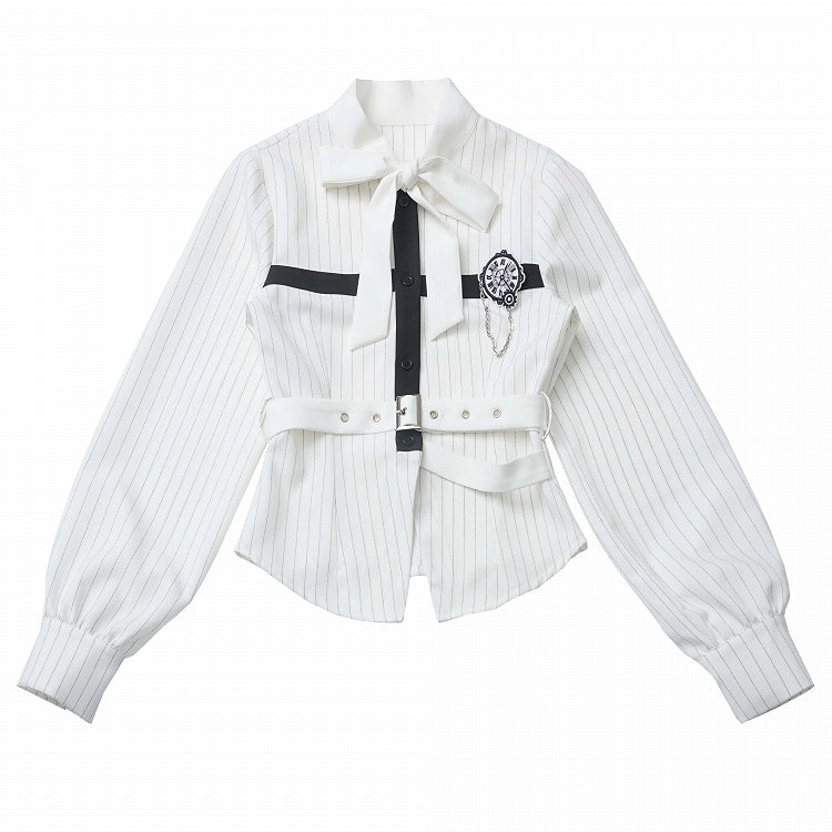 Hemd mit abnehmbarer Schmetterlingsuhr-Brosche, Schleife, schwarz, zum Selbstbinden, weiße Streifen, Kreuz-Design
