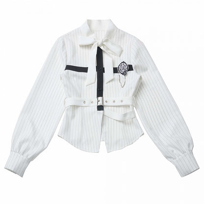 Hemd mit abnehmbarer Schmetterlingsuhr-Brosche, Schleife, schwarz, zum Selbstbinden, weiße Streifen, Kreuz-Design