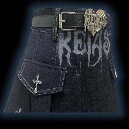 Y2K Dark Blue Letters Cross Charms Punk Rock Denim Pleated Skirt