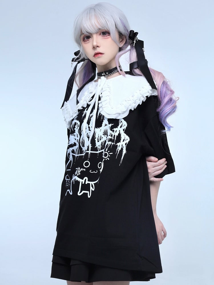 Jirai T-shirt Brief Katze Druck Schwarz Kei Und