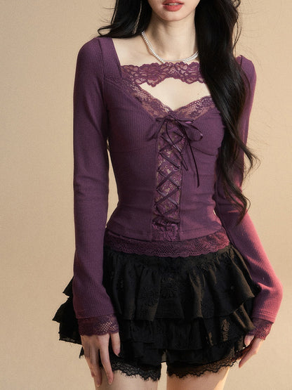 Glamorous Top with Lace-up Purple V-Neck Contrast Lace Patches Detail Front at