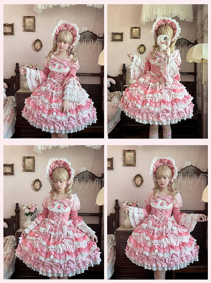 Four-pieces Pink Lolita Sweet Set-Tiered Creamy Strawberry Bunny