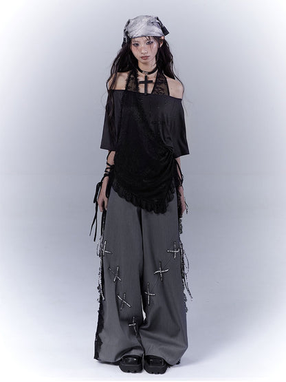 Dark Gray Lace Patches Details with Casual Pants Side Lace-up