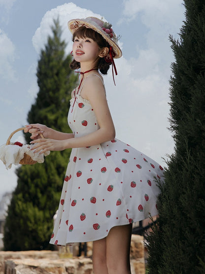 and White JSK Sweet Dress Polka Dots Summer Lolita Strawberry Sun Print