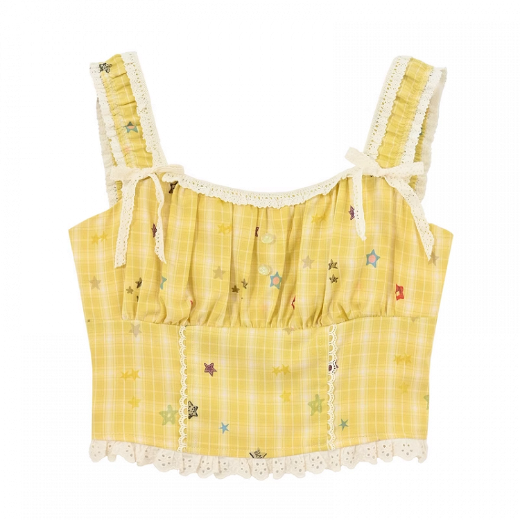 Trim Lace Star Print Top Yellow Plaid Cropped Sleeveless