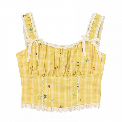 Trim Lace Star Print Top Yellow Plaid Cropped Sleeveless