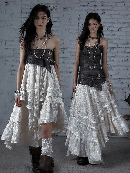 Star Wasteland White Punk Waistline Skirt Flounce PU Asymmetrical Studs Hem