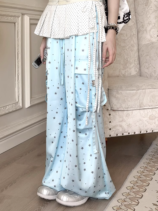 Blaue Cargohose mit weitem Bein und Allover-Taille und Kordelzug im Sternenmuster