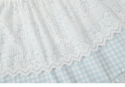 Jupe Mori Kei à carreaux en patchwork de dentelle bleue et blanche à taille haute