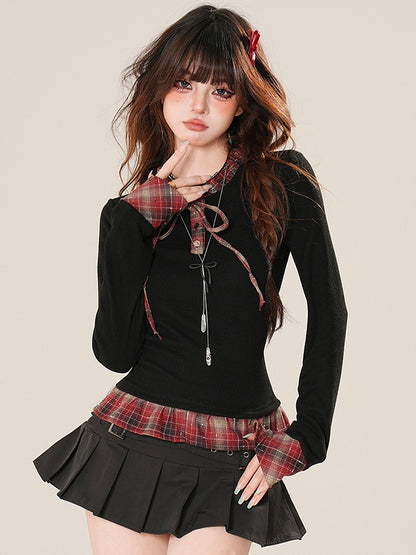 Pattern Top Sleeves Plaid Long Ruffles Black Glamorous Bittersweet Trim