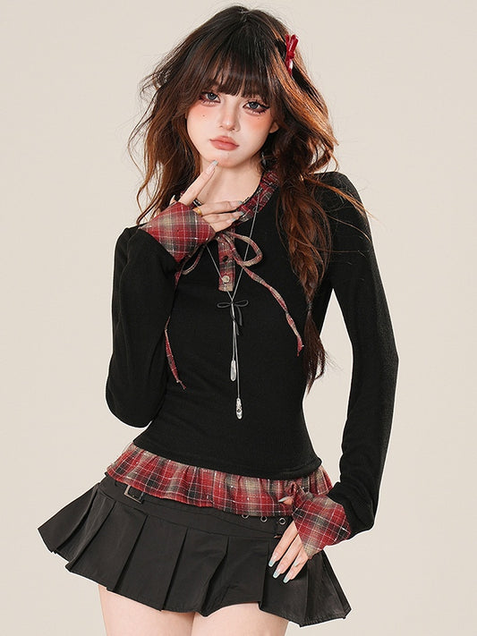 Pattern Top Sleeves Plaid Long Ruffles Black Glamorous Bittersweet Trim