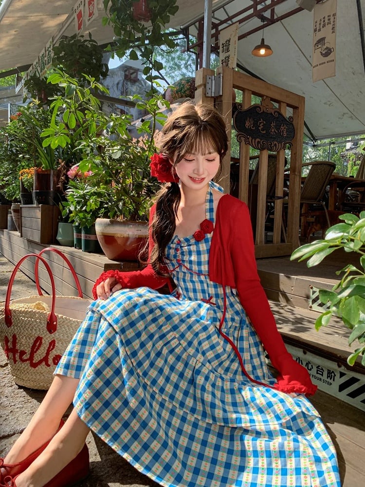 Knit Cardigan with Self-tie Strap Vintage Sweet Red Ruffled Cuffs