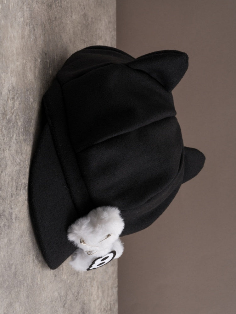 Schwarze Applikation Baskenmütze Pin Gothic Hut Knochen Ohr Skelett Plüsch verziert Design Katze