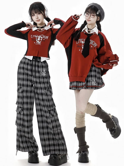 Black and Grey Letters Cargo Pockets Design Plaid Pants