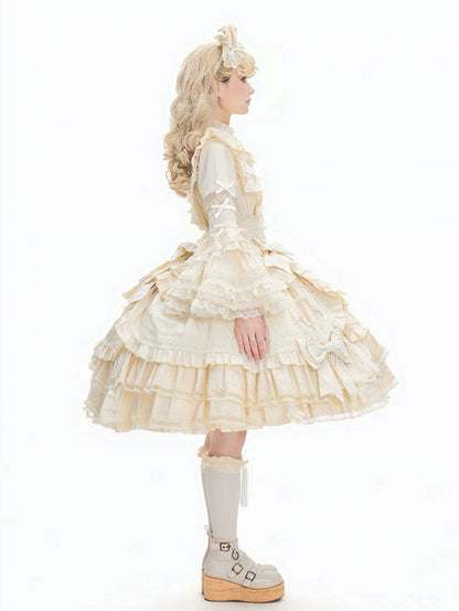 Accents Dress Beige Layered Hem Under Ruffle Sweet Lolita with Bust Bow