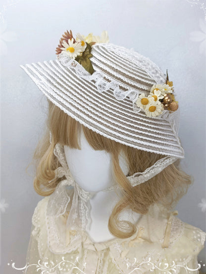 Floral Design Lace Trim White Vintage Hat