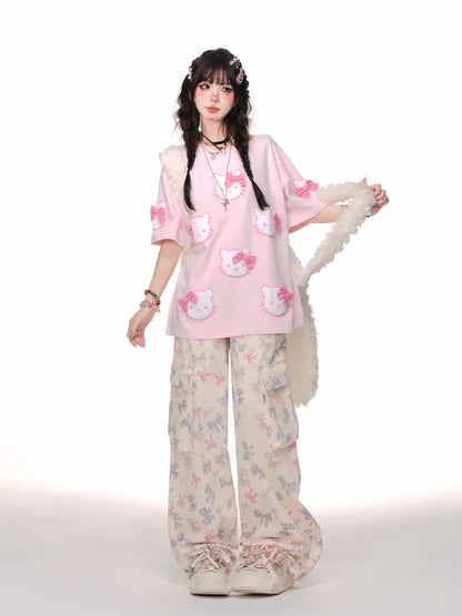 Beige Bowknot Pattern Cargo Pockets Wide-leg Cut Pants