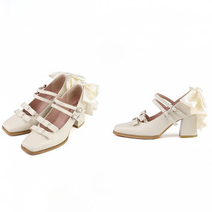 Schuhe mit Schleife, weißer Zehenpartie, zwei Akzente, quadratischer Block – elegante High Heel-Schnallen