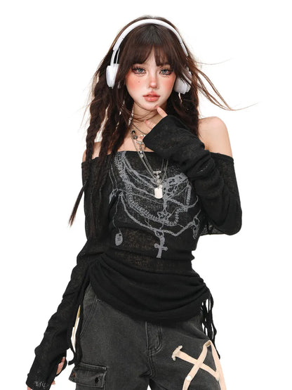 Top Graffiti White/Black Semi-sheer Drawstring Waist