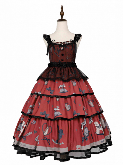 Puppy and Telephone Print Tiered Skirt Black and Red Sweet Lolita Jumper Skirt