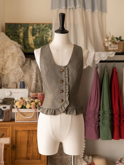 Gray Ruffle Trimming Front Button Placket Waistcoat