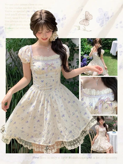 Kei Floral Dress Mori Beige Square Neckline and Short Puff Sleeves