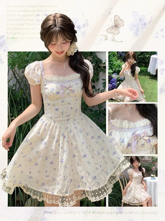 Kei Floral Dress Mori Beige Square Neckline and Short Puff Sleeves