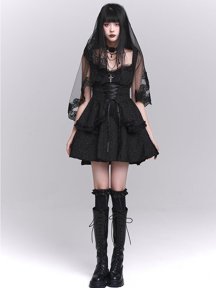 Skirt Gothic Black Sweetheart Neckline Lace-up Front Tiered
