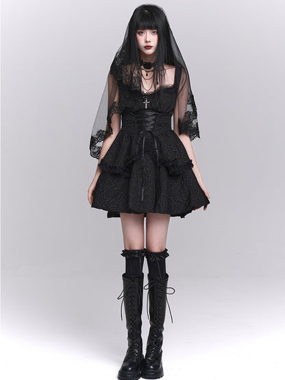 Skirt Gothic Black Sweetheart Neckline Lace-up Front Tiered