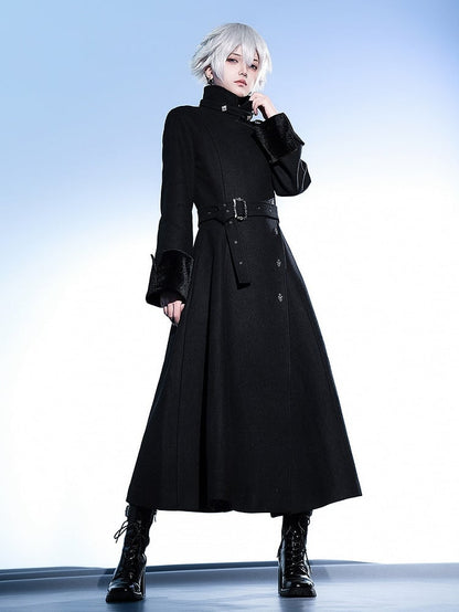 Black Ouji Lolita Stand Collar High Neck Woolen Coat