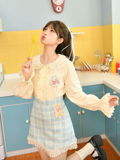 Yume Kawaii Strawberry Cake Embroidered Creamy Yellow Lace Peter Pan Collar Blouse