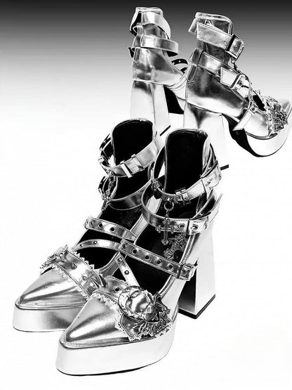 Gothic Silver Cross Heart Buckle Straps Stud Platform High Block Heels