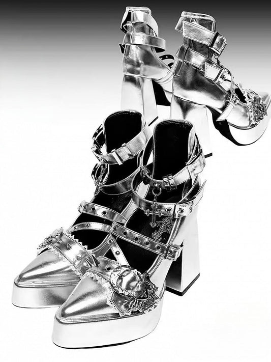 Gothic Silver Cross Heart Buckle Straps Stud Platform High Block Heels