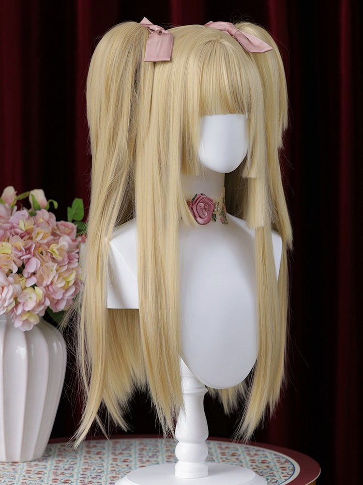 Blonde Hime Cut Long Straight Synthetic Wig with Double Claw Clips