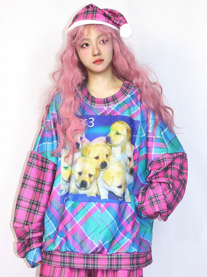 Pink Gyaru Oversized Sweatshirt With Plaid Pattern And Puppy Print Fashion and Blue
