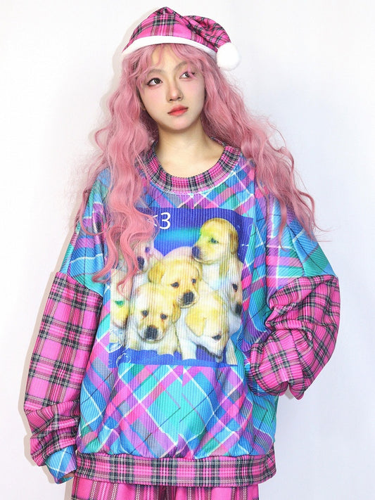 Pink Gyaru Oversize-Sweatshirt mit Karomuster und Welpen-Print Fashion and Blue