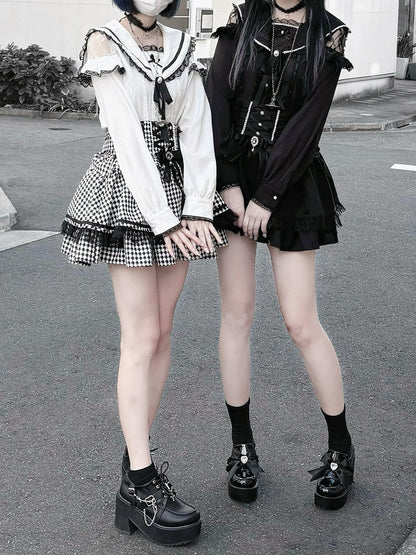 Pendant Trim Blouse Lace with Jirai Kei Black/White Sailor Collar Cutout Choker Shoulder Heart