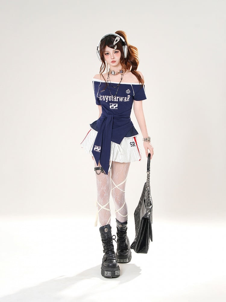 Rot/Blaue Träger an der Taille Asymmetrischer Ausschnitt Blokette Core T-Shirt Selbstbinden