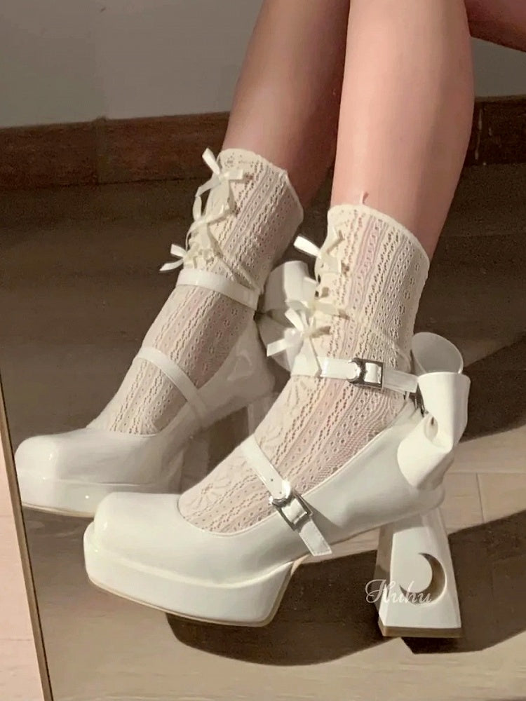 with Astral Platforms Back Bow Cut-Outs Themed Y2K Block and - Celestial Heels White