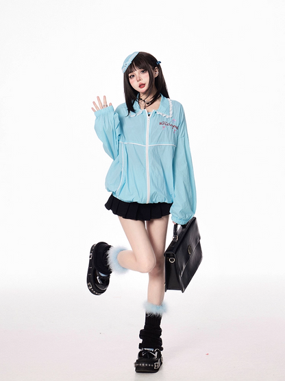 Hem Shirt Collar Elastic Cuffs and Zip-up Jacket Blue