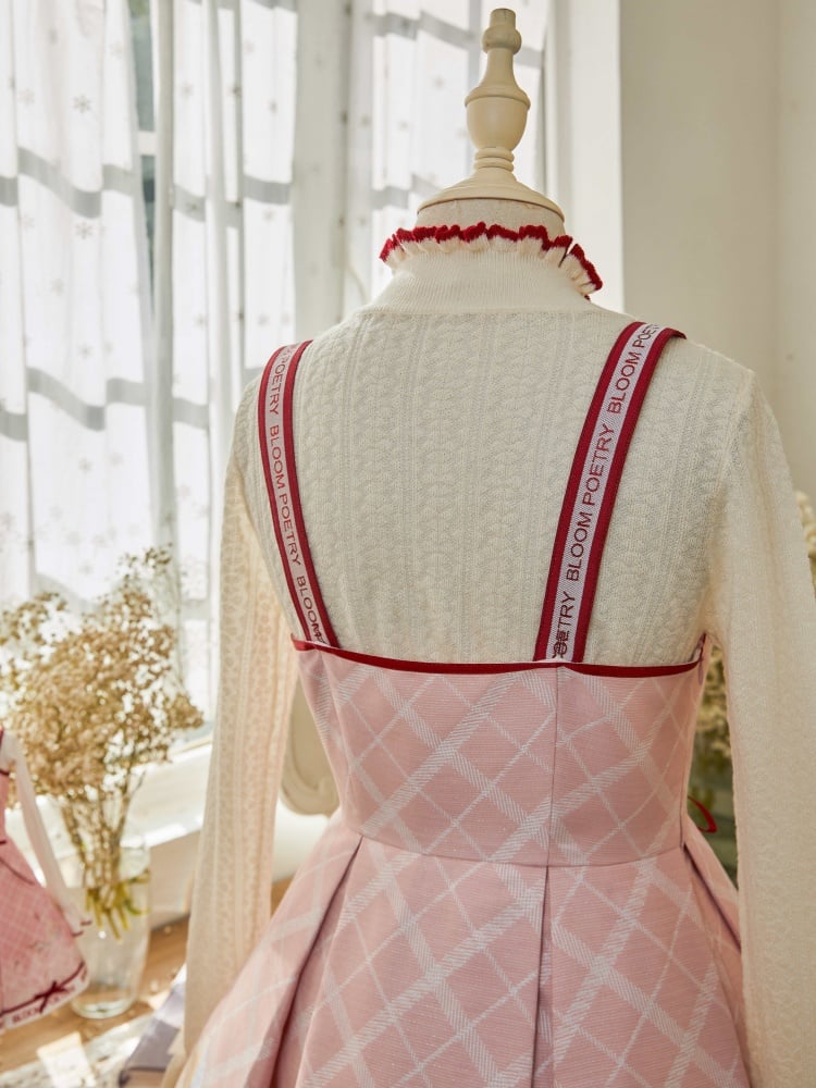 Pink and Red Trim Lace-up Front Jumper Skirt + Apricot Long Sleeves Top