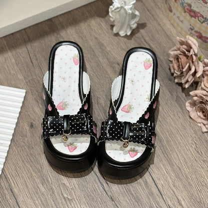 Platform Strawberry Top Black Print Slippers Bow Lolita Wa at