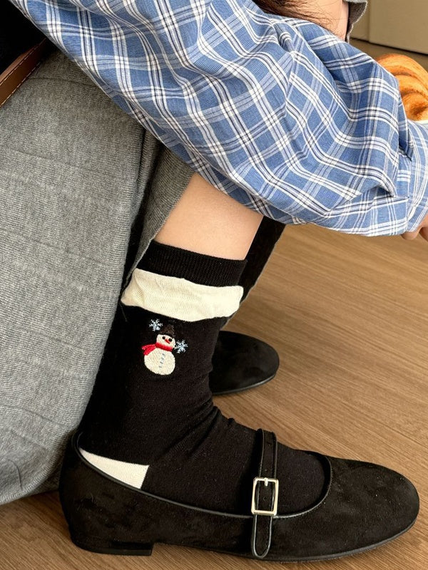 White Black Cute Snowman Embroidered Calf Socks